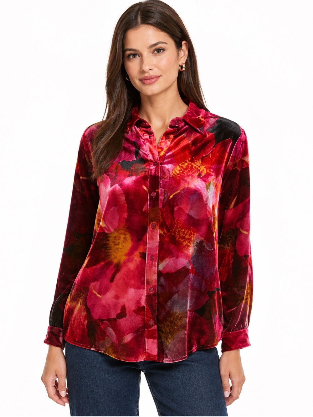 NWT Johnny Was Ruby Bloom Red Velvet Silk Blend Button Up Shirt Top Blouse Sz XL